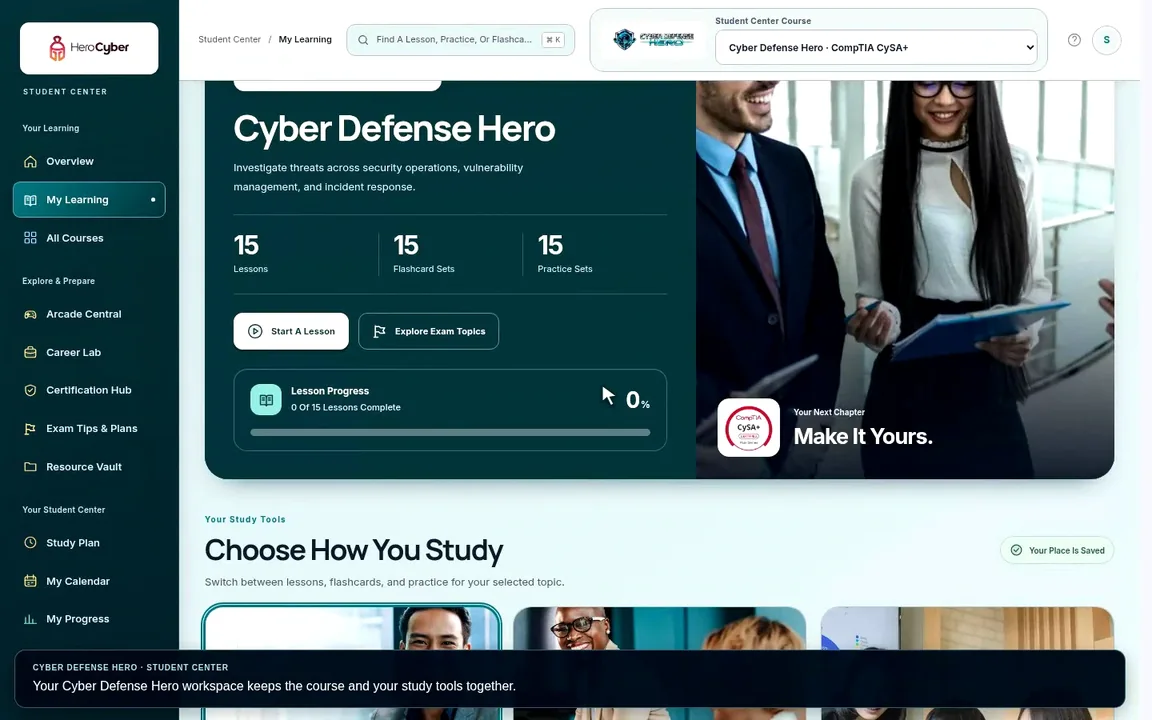 Recorded Cyber Defense Hero Student Center Interface