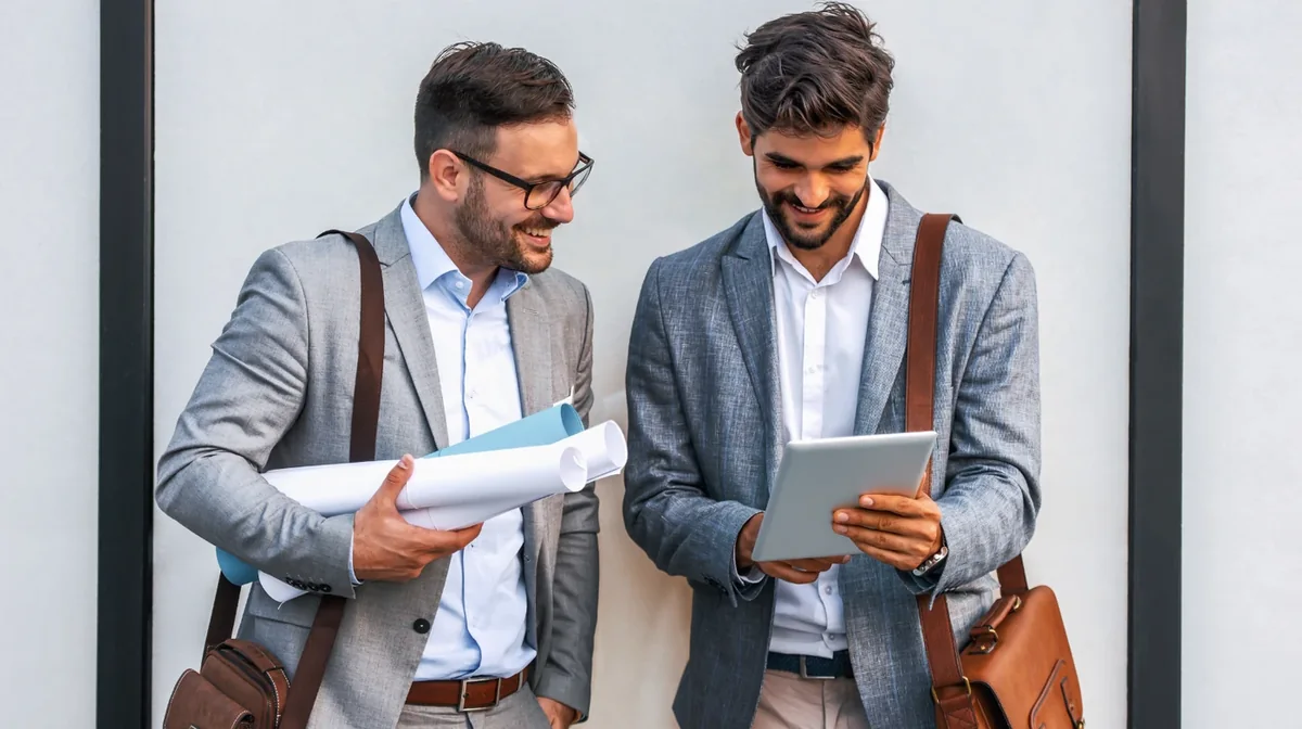 Two professionals comparing documents and a tablet