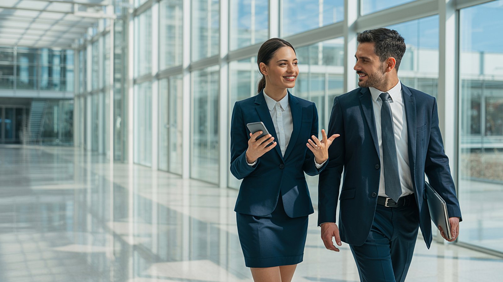 Business professionals walking together in a modern workplace